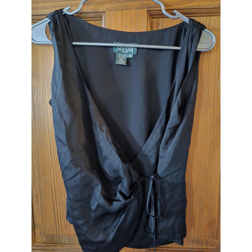 Lauren Ralph Lauren Petite Black‎ 100% Silk Wrap Blouse v neck Sleeveless Top 4P